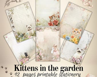 Kitten in the garden letter papers, printable stationery, A 4 size, instant download, PDF , journaling pages. Lined paper, Notepaper