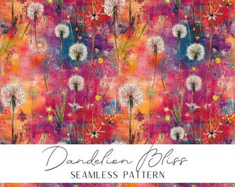 Dandelion Seamless Pattern Botanical Textile Prints Summer Design Fabric DIY Art Nature Floral Print Colorful flower Digital Product