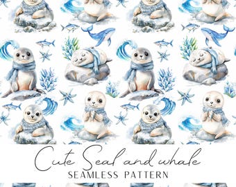 Seal seamless pattern sea theme with whales, fish, seastar, and algae. Cute children's illustration for decoration and print on demand.