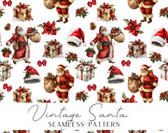Vintage Santa with gifts and poinsettias seamless pattern for printing and crafting, available instant download to create Christmas gifts.