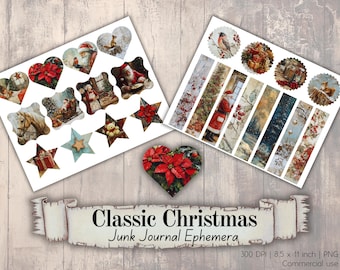 Christmas Junk Journal Ephemera, Printable vintage style tags and stickers for crafting and journaling, scrapbooking and holiday diy.