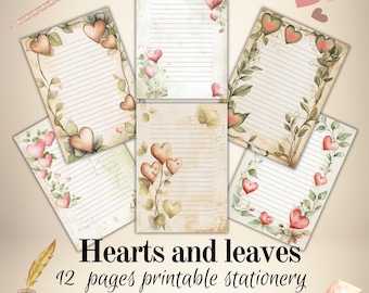 Heart letter papers, printable stationery, valentines, a 4 size, instant download, PDF, journaling pages. Lined paper, Notepaper,