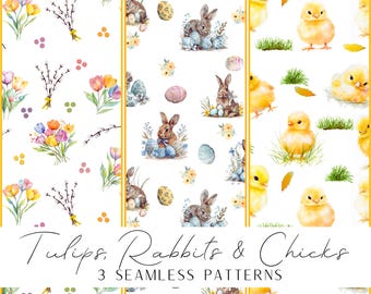 Tulips rabbits and chicks 3 seamless patterns with 6 different background colors each. Pastel colors with cute clipart is used in the bundle