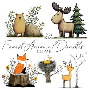 Puede incluir: Ilustraciones de animales del bosque. La imagen presenta un oso, un alce, un zorro, un pájaro en un nido y un ciervo. El texto "Forest Animal Doodles" y "Clipart" también está incluido. Las ilustraciones son de estilo dibujado a mano.