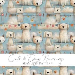 Cats and Dogs Nursery Seamless Pattern Design Clouds and Flowers Decor Baby Room Fabric Kids Bedroom Playroom sweet pastel Digital Download