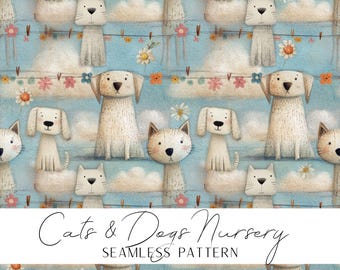 Cats and Dogs Nursery Seamless Pattern Design Clouds and Flowers Decor Baby Room Fabric Kids Bedroom Playroom sweet pastel Digital Download