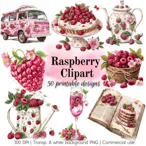 Himbeere Clipart für DIY-Projekte, 50 Designs zum Herunterladen und Ausdrucken, für Journals und Scrapbooking, mit einem transparenten und weißen Hintergrund.