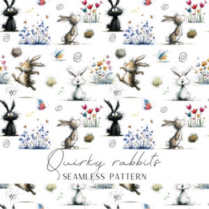 May include: A seamless pattern with quirky rabbit illustrations in various poses, alongside flowers, butterflies, and swirls on a white backdrop. The text "Quirky rabbits" and "Seamless pattern" are displayed in a script font.