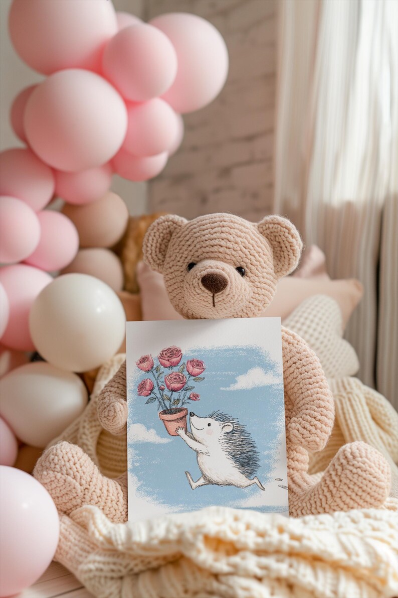 May include: A crocheted teddy bear holds a card with a drawing of a hedgehog carrying a pot of roses. The bear is light brown, and the card has a blue sky background. Pink balloons are in the background.