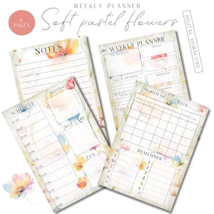 4 weekplannerpagina's met zachte pastelbloemen, vulling voor Filofax of planner, ongedateerde pagina's. Geweldig voor cadeaus. Digitale download. A3, A4, A5