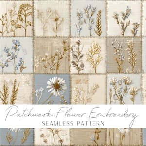 May include: A patchwork design featuring embroidered flowers in various colours, including white, blue, and gold, on a light blue and beige background. The design includes the text "Patchwork Flower Embroidery" and "Seamless Pattern".