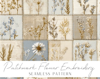 Patchwork Flower Embroidery Seamless Pattern, Soft beige and blue colors for textile and paper prints, high quality download png file.