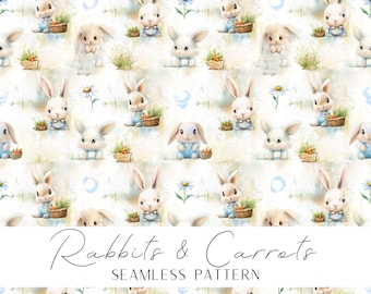 Cute Rabbit and Carrot Seamless Pattern Daisy Print Fabric Textile Decor Gift Childrens Room Nursery watercolor plush bunny clipart download