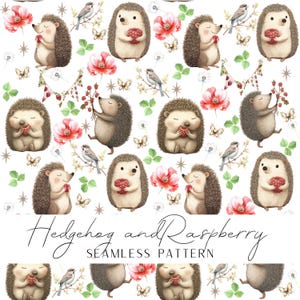 May include: A seamless pattern featuring adorable cartoon hedgehogs, red raspberries, pink flowers, butterflies, and birds on a white background. The text "Hedgehog and Raspberry SEAMLESS PATTERN" is at the bottom.