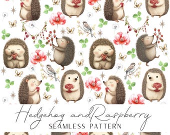 Hedgehog and Raspberry Seamless pattern for printing and crafting POD instant download for your DIY projects, Gifts for family and friends