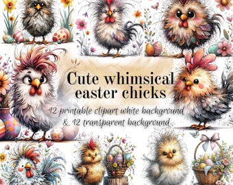 12 Cute whimsical easter chicks, easter clipart, Digital download, PNG, white background and transparent background, scrapbooking,decorating