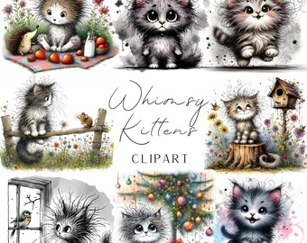 20 Cute whimsy kittens, Digital download clipart watercolors simple style images for scrapbooking diy pod and many other projects.