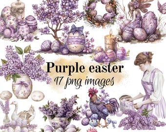 Purple Easter clipart. 17 images white background, 17 images transparent background, Instant download. Easter eggs, Scrapbooking, cardmaking