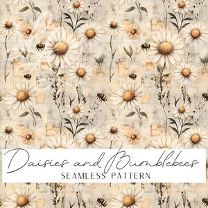 May include: A seamless pattern featuring white daisies with yellow centers and bumblebees on a textured, light beige background. The design includes stems and leaves, with the text "Daisies and Bumblebees - Seamless Pattern" at the bottom.