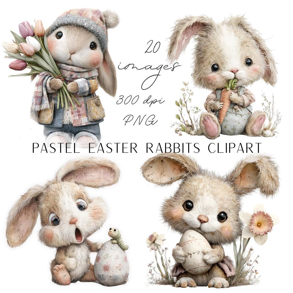 Pastel Easter Rabbit Clipart Bundle, 20 Cute Spring Bunnies PNG ...