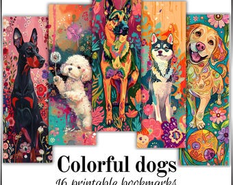 Colorful Dogs 16 whimsy designs bookmarks available for printing out pages for scrapbooking cards high-quality downloads for scrapbooking.