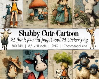 25 Shabby-Cute Cartoon Junk Journal Pages and 25 Sticker PNG Bundle. Adorable illustrations for scrapbooking and journaling. 300 dpi png