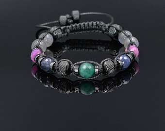 Men's Ruby Sapphire Emerald Labradorite Bracelet, Braided Adjustable Gemstone Bead Bracelet, Genuine Raw Stone Jewelry, Gift for Men