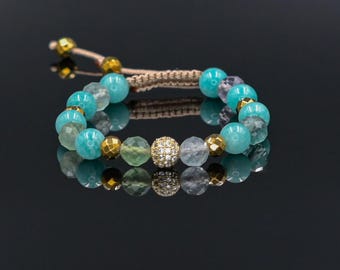 Amazonite and Fluorite Bracelet - Gold Hematite Jewelry for Women - Cubic Zirconia Crystal Bracelet - Natural Mint Gemstone Gift for Her