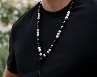 White Howlite Necklace - Men's Black Onyx Hematite Crystal Necklace - Long Beaded Necklace - Gift for Men - Summer Stone Necklace for Him