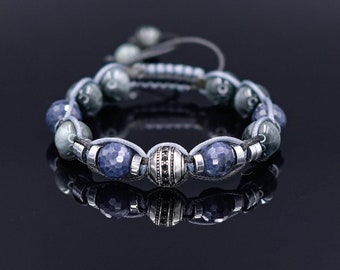 Pulsera de zafiro azul, pulsera trenzada ajustable de ojo de halcón con zafiro para hombre, joyería de cuentas de lujo, pulsera de cuentas de plata 925, regalo para hombre
