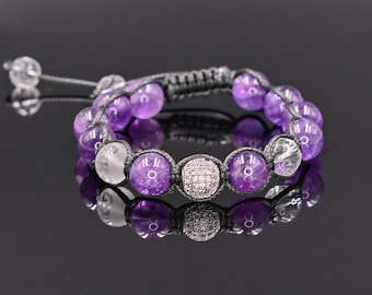 Amethyst and Rock Crystal Men's Bracelet, Genuine Purple Stone Jewelry, Protection Bracelet, Crystal Gift for Him, February Birthstone
