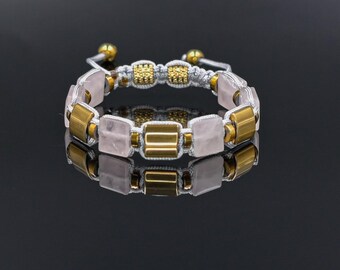 Rose Quartz and Gold Hematite Bracelet, Beaded Square Stone Bracelet for Women, Anniversary Gift, Spiritual Stone Bracelet