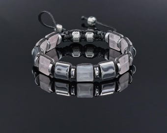 Men's Rose Quartz Bracelet, Square Bead Hematite Jewelry, Masculine Pink Stone Bracelet,   Geometric Stone Bracelet, Adjustable  Bracelet