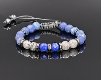Men's Beaded Bracelet - Sodalite, Jasper & Lapis Lazuli Healing Stone Bracelet - Blue Gemstone Macrame Adjustable Bracelet - Gift for Him