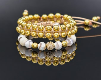 Women's Beaded Bracelet Set - Gold Hematite and White Agate Jewelry - Cubic Zirconia Statement Bracelet - Sparkly Gemstone Set for Her