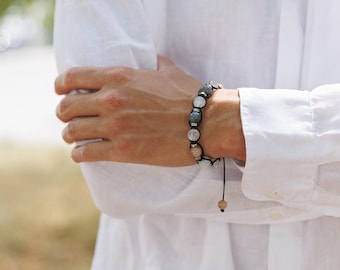 Men's Moonstone Bracelet, Gemstone Jade Labradorite Hematite Beads Bracelet, Gift for Men, Adjustable Braided Bracelet, Crystal Bracelet