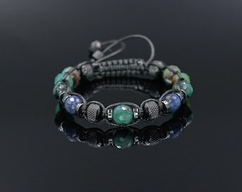 Men's Emerald and Sapphire Bracelet, Natural Chrysoprase Jewelry, Masculine Gemstone Bracelet, Luxury Gift for Him, Protective Bracelet