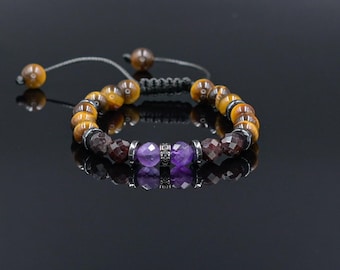 Men's Tiger Eye & Garnet Bracelet, Amethyst Beaded Jewelry for Men, Masculine Strength Gift, Spiritual Protection