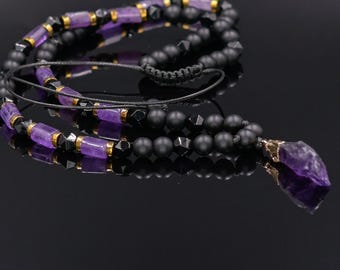 Men's Raw Amethyst Pendant Necklace, Protection Onyx Agate Beaded Necklace, Healing Crystal Point Jewelry, Gold Hematite Stone Gift for Him