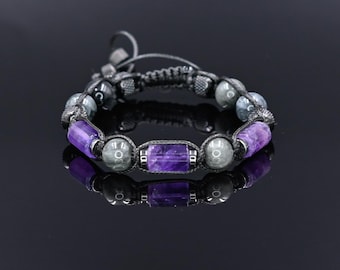 Men's Macrame Amethyst and Hawk's Eye Bracelet, Stainless Steel Beaded Wristband, Handcrafted Masculine Crystal Jewelry Gift for Him
