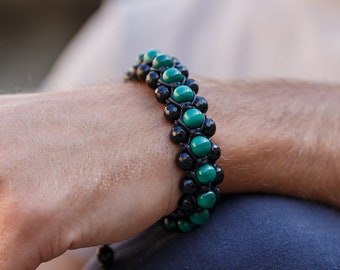 Genuine Malachite Triple Bracelet - Men's Three Rows Adjustable Bracelet - Black Agate Gemstone Bracelet - Gift for Men - Wide Bead Bracelet