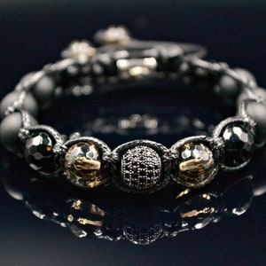 Men&#39;s Smoky Quartz and Onyx Bracelet Cubic Zirconia Bracelet Black Zirconia Bracelet Gift for Men Black Beads Bracelet Adjustable Bracelet