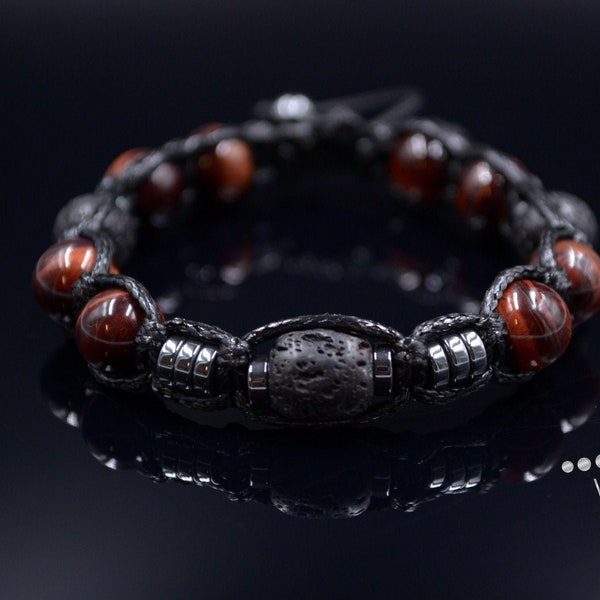 Herren Rote Tigerauge Armband LavaStein Armband Geschenk für Mann Hämatit Armband Mann Stein Armband Verstellbar Edelstein Armband