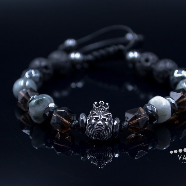 Herren Löwe Armband Falkenauge und Hämatit Perlen Armband Stahl Löwe Kopf Armband Geschenk für Männer Kristall Armband Verstellbar Armband