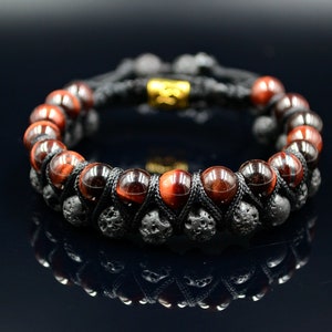 Men&#39;s Lava stone Double Bracelet  Red Tiger&#39;s Eye Bracelet Tiger Eye Beads Bracelet Men&#39;s Gift Gemstone Bracelet Adjustable Bracelet For Men