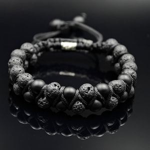 Men's Double Bracelet Black Bracelet Lava Stone Bracelet Gemstone Bracelet Onyx Bracelet Macrame Bracelet Beaded Bracelet Black Bracelet