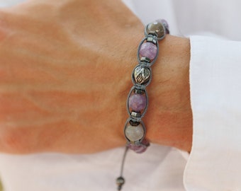 Amethyst Agate Bracelet, Men's Steel Bead Adjustable Bracelet, Gift for Men, Light Purple Beaded Bracelet, Christmas Gift, Macrame Bracelet