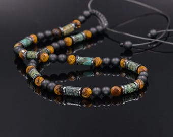 Men's African Turquoise Choker Necklace, Tiger's Eye Onyx Hematite Beaded Choker, Short Surfer Tribal Jewelry, Boho Protection Gift for Men