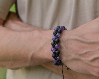 Amethyst Double Bracelet, Men's Double Row Bracelet, Black Onyx Bracelet, Adjustable Macrame Bracelet Men, Gift for Men, Braided Bracelet