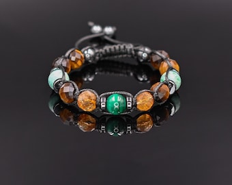 Men's Natural Stone Bracelet, Malachite, Tiger Eye Citrine Amazonite Macrame Hematite Beaded Bracelet, Protection Gift for Him